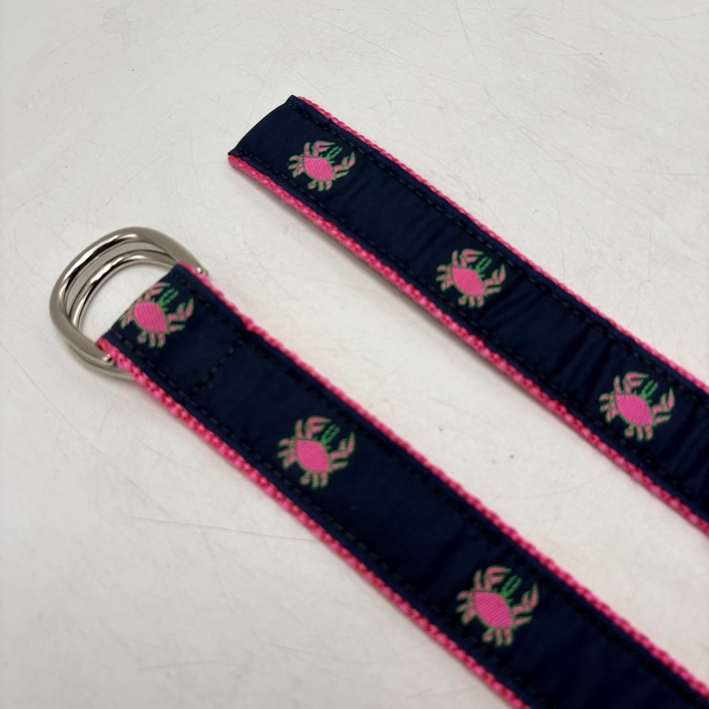 Leather Man USA Crab D Ring Ribbon Belt Pink Navy Preppy Needlepoint Medium